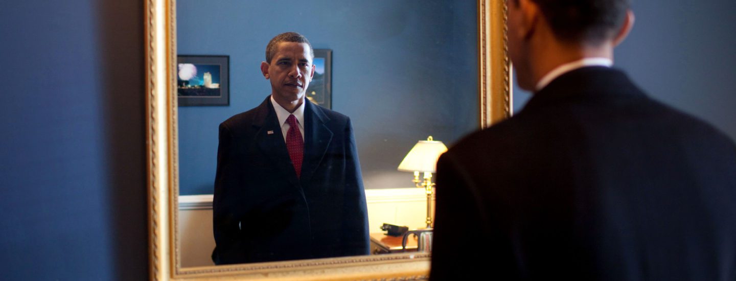 Jan. 20, 2009
ÒPresident-elect Barack Obama was about to walk out to take the oath of office. Backstage at the U.S. Capitol, he took one last look at his appearance in the mirror.Ó
(Official White House photo by Pete Souza)

This official White House photograph is being made available only for publication by news organizations and/or for personal use printing by the subject(s) of the photograph. The photograph may not be manipulated in any way and may not be used in commercial or political materials, advertisements, emails, products, promotions that in any way suggests approval or endorsement of the President, the First Family, or the White House.